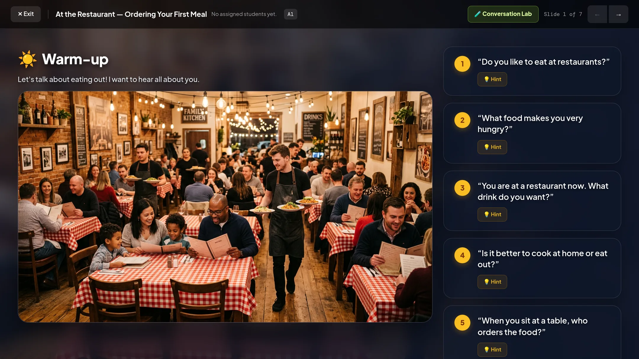 Live Lesson view of the At the Restaurant — Ordering Your First Meal (A1) lesson: warm-up scene on the left, warm-up questions on the right
